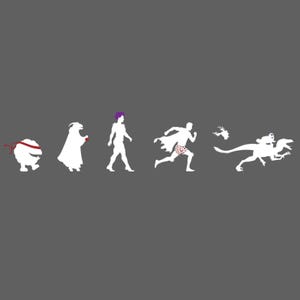 May include: A dark gray t-shirt featuring a white graphic print of five figures in a row. The sequence includes a round creature with a red headband, a hooded figure, a person with purple hair, a running figure in polka dot shorts, and a dinosaur.