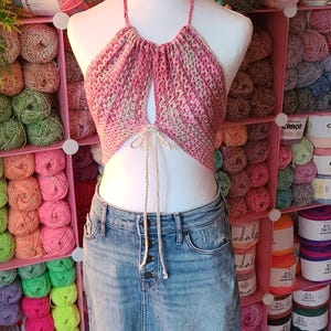 Crocheted pink and tan halter top