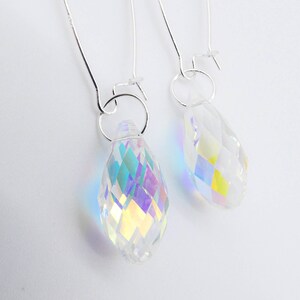 EXQUISITE Iridescent Fire Aurora Borealis Teardrop Crystal Sterling Silver Oval Kidney Wire Threader Earrings, Minimalist, FREE SHIPPING!