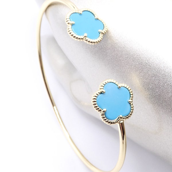 EXQUISITE Plaqué or 18 carats turquoise 5 pétales trèfle fleur bouts fin bracelet manchette, délicat, minimaliste, livraison gratuite !