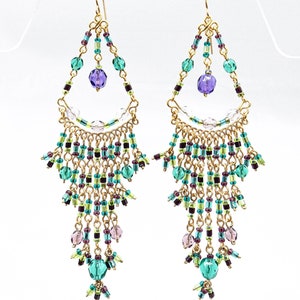 Purple Aquamarine Crystal Chandelier Earrings: Gold Filled Boho Dangle