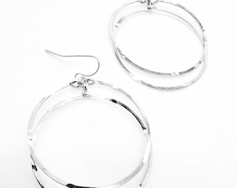 GORGEOUS Artisanal Lightweight Double Flat Silver Circle Rings Dangle Earrings, Boho, Minimalist, FREE SHIPPING!