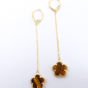 LUXURIOUS 18kt Gold Plated 5 Petal Brown Tigers Eye Clover Flower Thin Links Chain Crystals Leverback Hook 2.75"L Earrings, FREE SHIPPING!