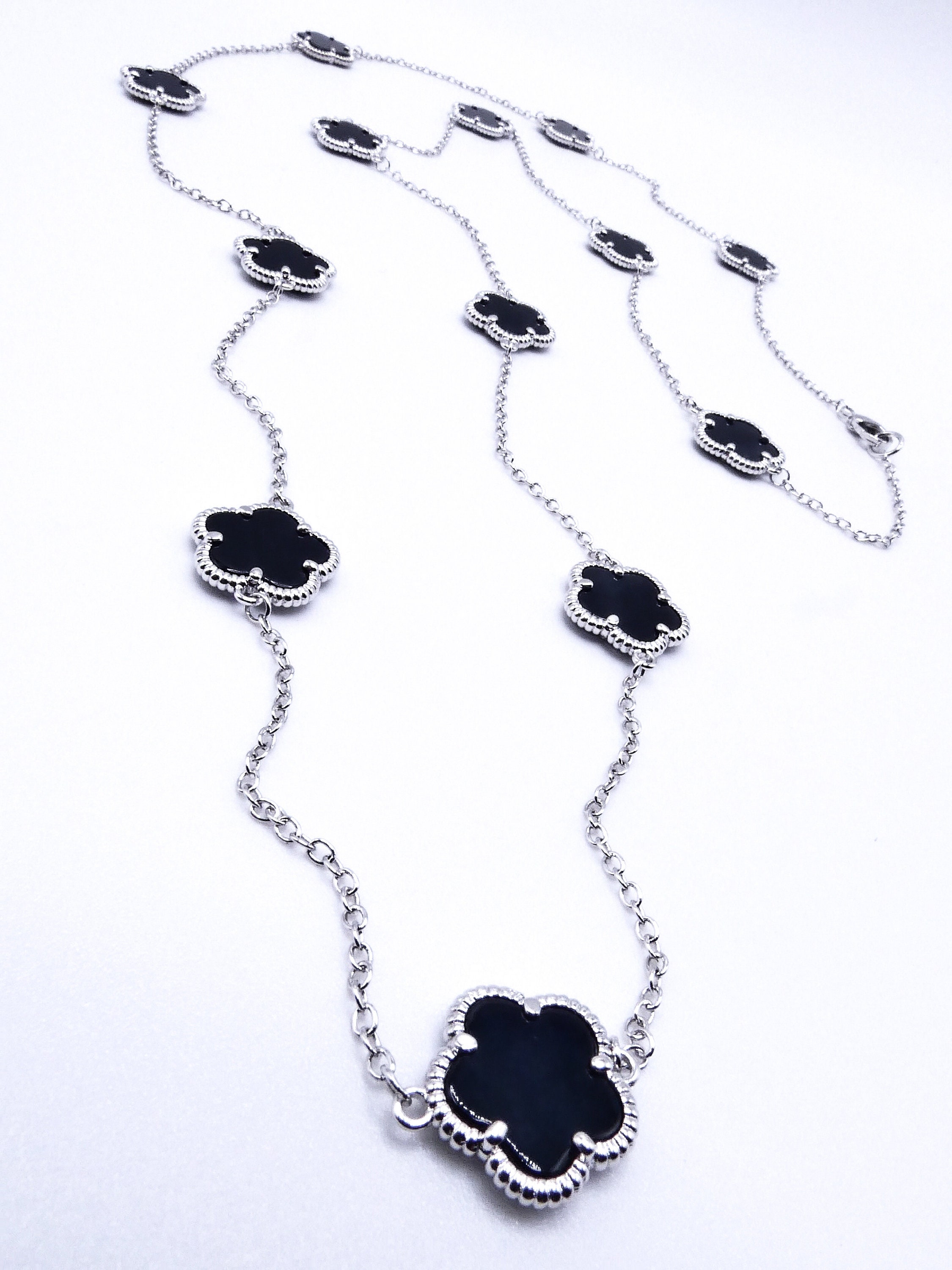 Sterling Silver Black Onyx Clover Necklace with CZ Border – HK Jewels