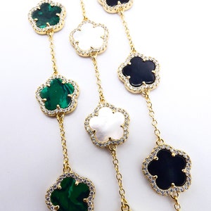 LUXURIOUS Petite 18kt Gold Plated Crystals Encrusted 5 Petal Clover Flower Charms Thin Chain Bracelet, Dainty, Minimalist, FREE SHIPPING!!
