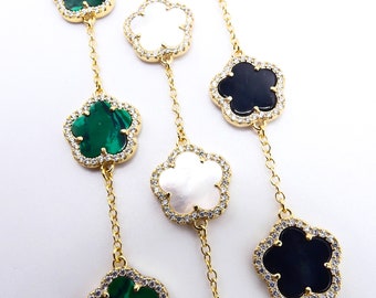 LUXURIOUS Petite 18kt Gold Plated Crystals Encrusted 5 Petal Clover Flower Charms Thin Chain Bracelet, Dainty, Minimalist, FREE SHIPPING!!