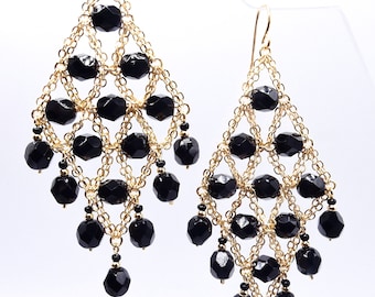 GORGEOUS Black Onyx Gold Filled Thin Link Chains Chandelier Dangle Earrings, Bohemian, Cascading Dangle, FREE SHIPPING!