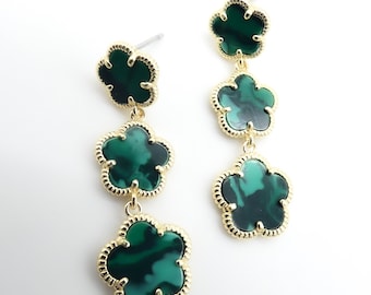 GORGEOUS 18kt Gold Plated Green Malachite Triple Graduated Clovers Dangle Post Earrings, Lightweight, Minimalist, Rich, FREE SHIPPING!