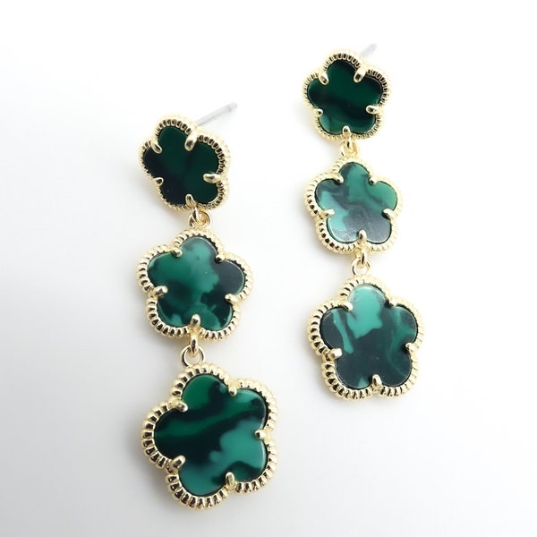 GORGEOUS 18kt Gold Plated Green Malachite Triple Graduated Clovers Dangle Post Earrings, Lightweight, Minimalist, Rich, FREE SHIPPING!