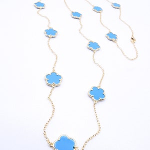 EXQUISITE 18kt Gold Plated 13 pcs Turquoise 5 Petal Clover Flower Charms Thin Chain 30&quot; Long Necklace, Luxurious, FREE SHIPPING!!