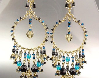 GORGEOUS Citrine Teal Black Crystal Beads Chandelier Dangle Earrings, Bohemian Earrings, Cascading Dangle Earrings, FREE SHIPPING!