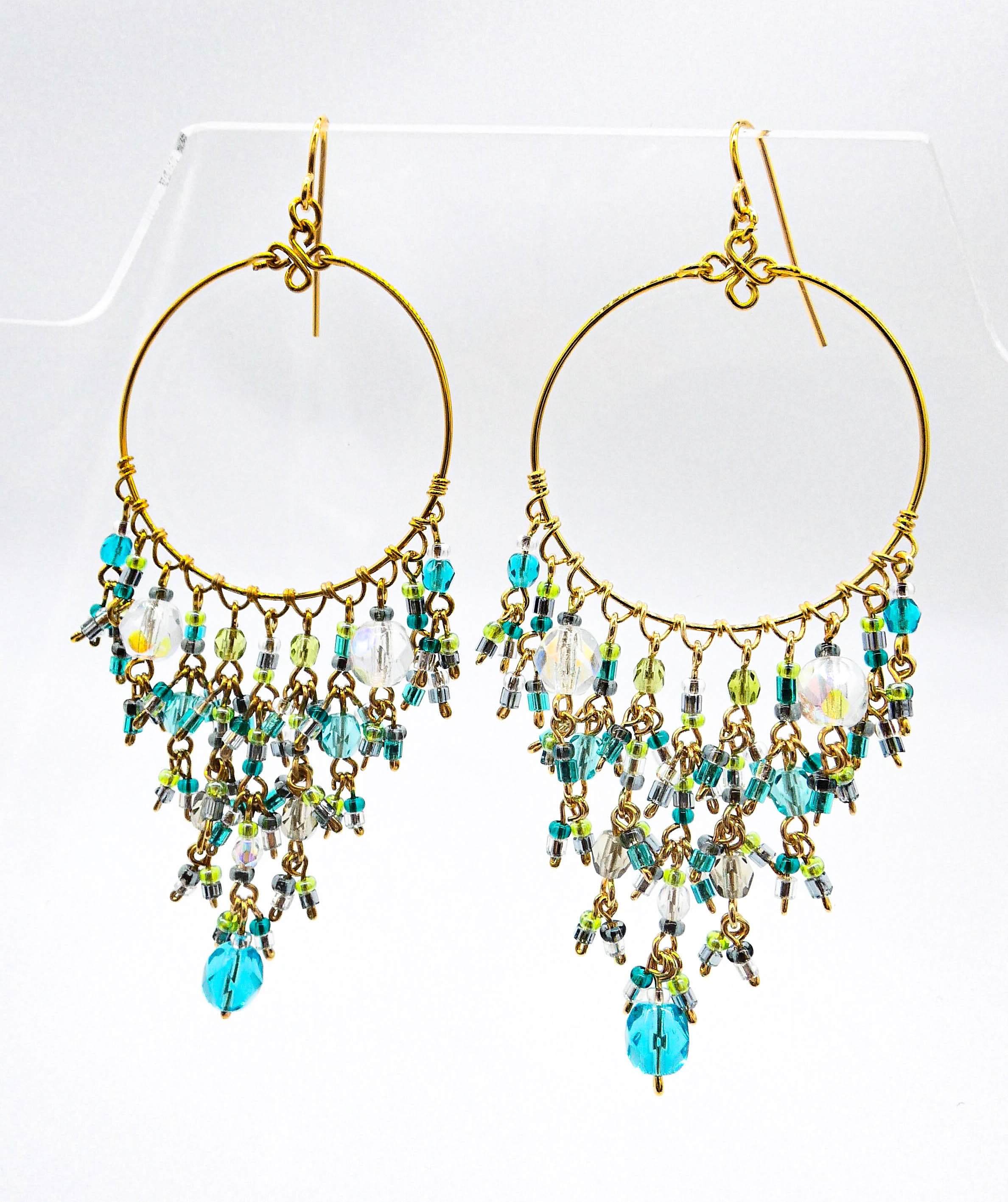 ARTISANAL Aquamarine Olive Iridescent Crystals Gold Ring Chandelier Earrings, Boho, Gypsy, Bohemian, Cascading, FREE SHIPPING!
