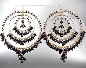 GORGEOUS Black Onyx Crystal Beads Chandelier Dangle Earrings, Bohemian Earrings, Cascading Dangle Earrings, FREE SHIPPING!