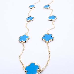 EXQUISITE 18kt Gold Plated 7 pcs Blue Turquoise Stone 5 Petal Clover Flower Charms Thin Chain Necklace, Dainty, Minimalist, FREE SHIPPING!!