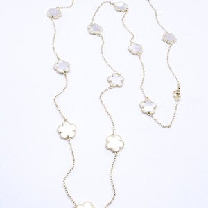 EXQUISITE 18kt Gold Plated 13 pc Mother of Pearl Shell 5 Petal Clover Flower Charms Thin Chain 30" Long Necklace, Luxurious, FREE SHIPPING!!