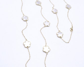 EXQUISITE 18kt Gold Plated 13 pc Mother of Pearl Shell 5 Petal Clover Flower Charms Thin Chain 30" Long Necklace, Luxurious, FREE SHIPPING!!