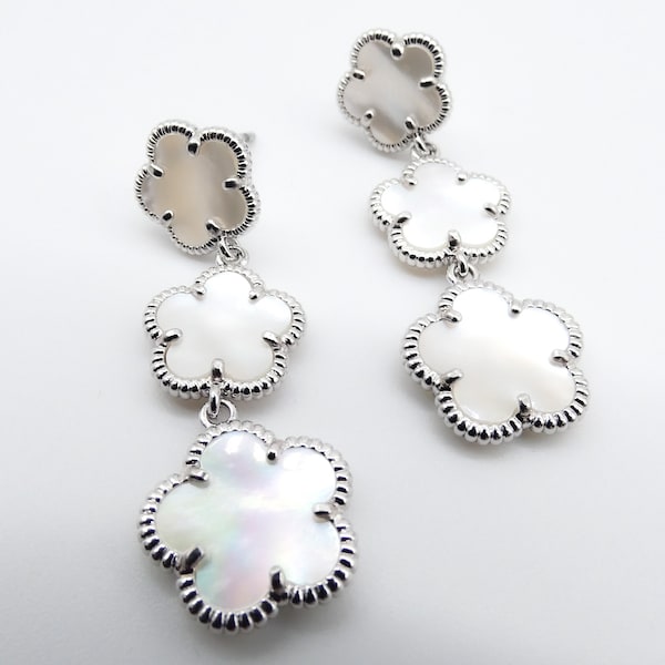 GORGEOUS Dainty 18kt White Gold Plated 3 Mother Pearl Shell Triple Graduated Clovers Post Earrings, Lightweight, Minimalist, FREE SHIPPING!