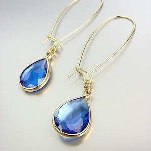 Lightweight Artisanal Faceted Sapphire Blue Teardrop Crystal Gold Wire Threader Earrings, Artisanal, Minimalist, FREE SHIPPING!