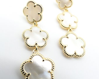 GORGEOUS Dainty 18kt Gold Plated Mother Pearl Shell Triple Graduated Clovers Post Earrings, Lightweight, Minimalist, Rich, FREE SHIPPING!