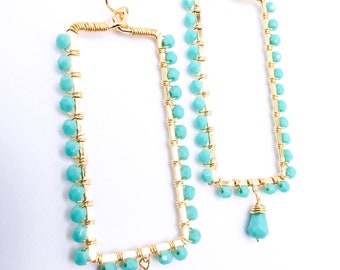 ARTISANAL Turquoise Crystals Gold Plated Rectangle Wire Wrapped Dangle Earrings, Boho, Minimalist, FREE SHIPPING!