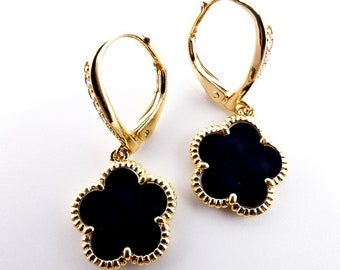 GORGEOUS Dainty Lightweight 18kt Gold Plated 5 Petal Black Onyx Clover Flower Crystals Leverback Petite Earrings, FREE SHIPPING!