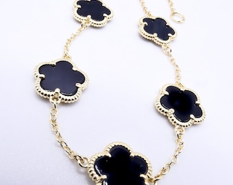 EXQUISITE 18kt Gold Plated Black Onyx 5 Petal Clover Flower Charms Thin Chain Bracelet, Dainty, Minimalist, FREE SHIPPING!!