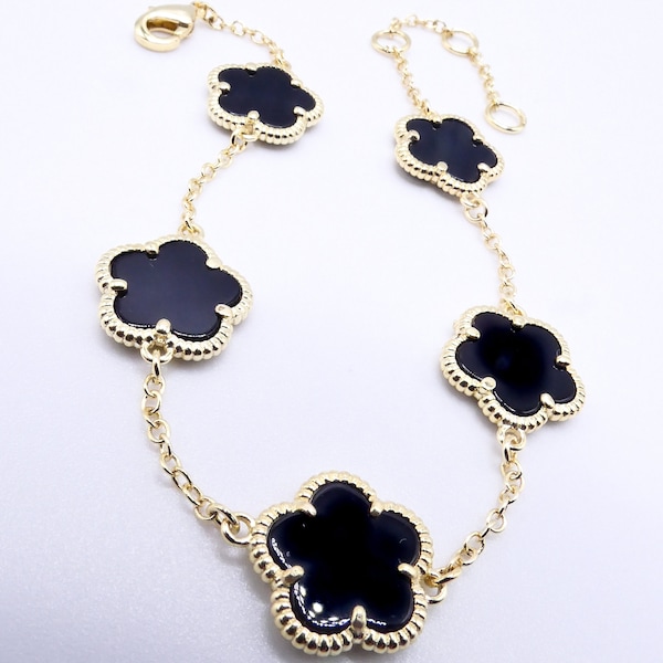 EXQUISITE 18kt Gold Plated Black Onyx 5 Petal Clover Flower Charms Thin Chain Bracelet, Dainty, Minimalist, FREE SHIPPING!!