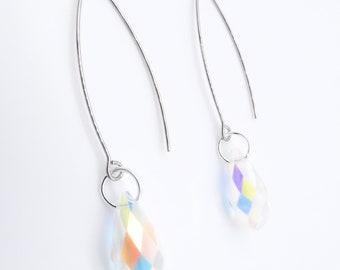 EXQUISITE Faceted Iridescent Mystic Fire Aurora Borealis Oval Crystal Silver Threader Wire Dangle Earrings, Minimalist, FREE SHIPPING!