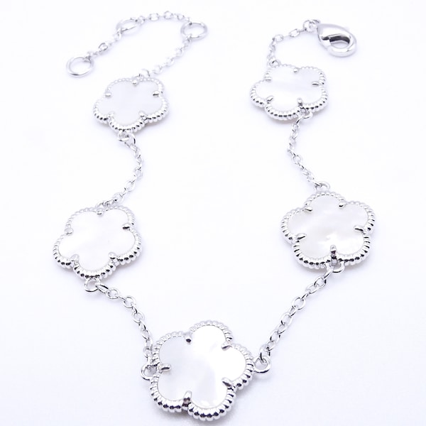 EXQUISITE Dainty Petite 18kt White Gold Plated Mother Pearl Shell 5 Petal Clover Flower Charms Thin Chain Bracelet, FREE SHIPPING!!