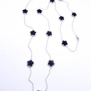 EXQUISITE 18kt White Gold Plated 13 pcs Black Onyx 5 Petal Clover Flower Charms Thin Chain 30&quot; Long Necklace, Luxurious, FREE SHIPPING!!