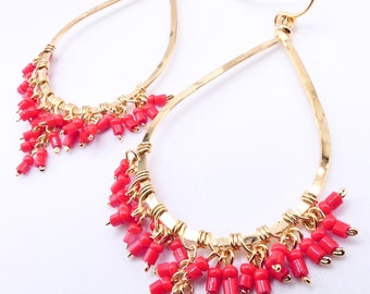 ARTISANAL Lightweight Coral Red Crystals Gold Filled Teardrop Chandelier Dangle Earrings, Boho, Minimalist, FREE SHIPPING!