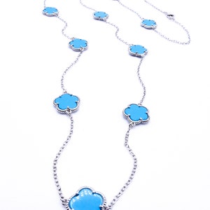 EXQUISITE 18kt White Gold Plated 13 pcs Blue Turquoise 5 Petal Clover Flower Charms Thin Chain 30&quot; Long Necklace, Luxurious, FREE SHIPPING!!
