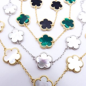 LUXURIOUS Petite 18kt Gold Plated Black Onyx Pearl Green Malachite 5 Petal Clover Flower Charms Thin Chain Bracelet, Dainty, FREE SHIPPING!!