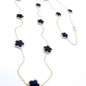 EXQUISITE 18kt Gold Plated 13 pcs Black Onyx 5 Petal Clover Flower Charms Thin Chain 30&quot; Long Necklace, Luxurious, FREE SHIPPING!!
