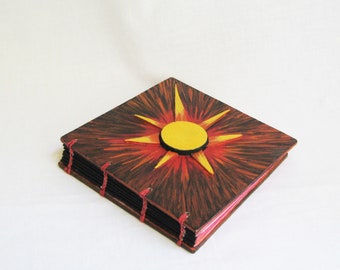 Little square notebook, crafty book, fun gift under 50, red purple orange paper notebook, artists book, journal with pockets