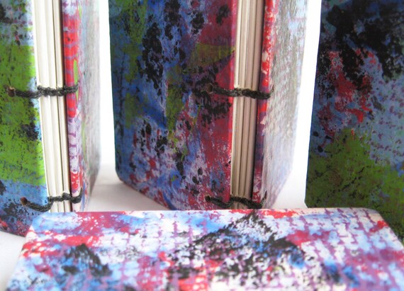 Four Volume Journal Mini Book Set Of 4 Unique Small Handmade Books Coptic Stitch Ooak Painted Paper Cover Notebook Mini Journal - 