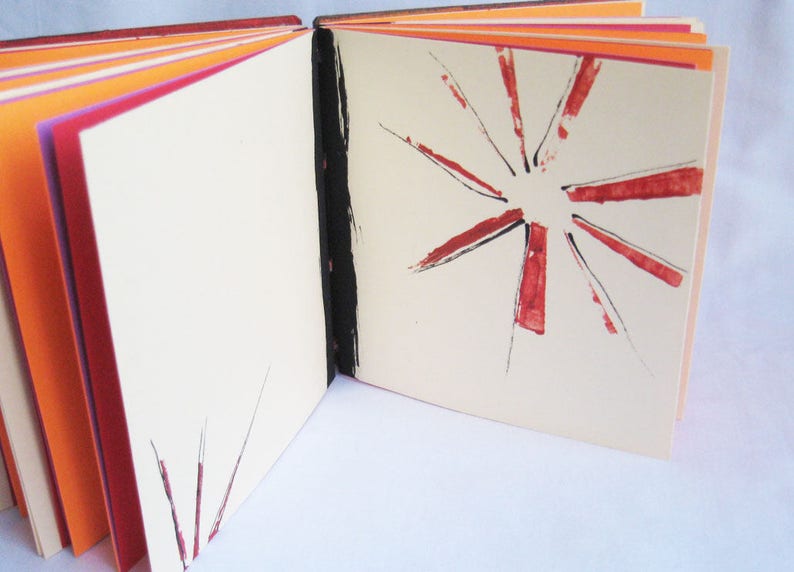 Little square notebook, crafty book, fun gift under 50, red purple orange paper notebook, artists book, journal with pockets image 3