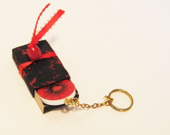 Key Chain, Red Poppy, Wood Flower Fob, OOAK Small Gift, Matchstick Box, Mixed Media Gift, Pocket Gift, Pyrography Flower