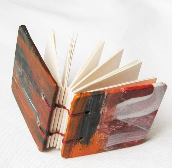 Miniature book, 1 1/2 inch square, orange and black, one of a kind tiny blank book, mini diary