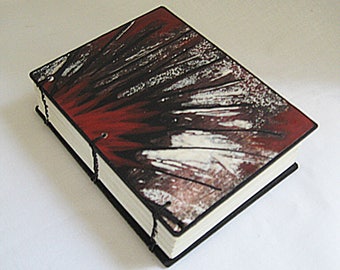 Small OOAK book, Mini Journal with bag, monoprint book cover, blank book, red brown black white, unique book, artist book