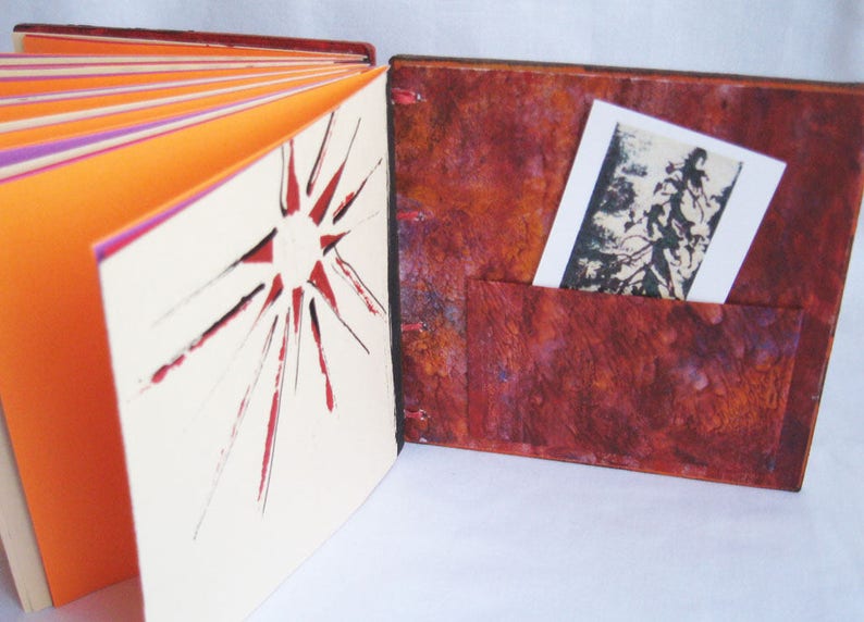 Little square notebook, crafty book, fun gift under 50, red purple orange paper notebook, artists book, journal with pockets image 4