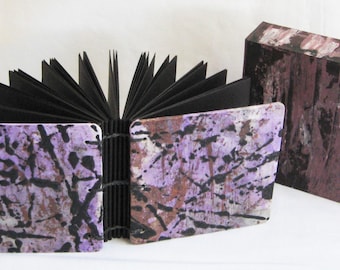 Black paper notebook, small blank book, small square notebook, black paper, little journal, gel pen, arty book, purple and black, abstract