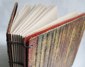Square sketchbook, tan drawing paper, handmade book, small journal, red and gold diary, coptic notebook, natural paper book, art book, OOAK