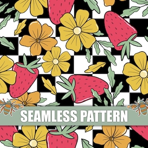 Strawberry Summer Floral Seamless Design Checkered Bundle | Summer Pattern | Floral Digital Paper | Guaranteed Repeating Seamless