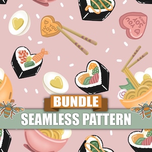 May include: A seamless pattern featuring a variety of heart-shaped foods, including sushi, ramen, and candy hearts. The pattern is set against a light pink background with white polka dots. The text "I love you soy much" is featured on a heart-shaped candy.