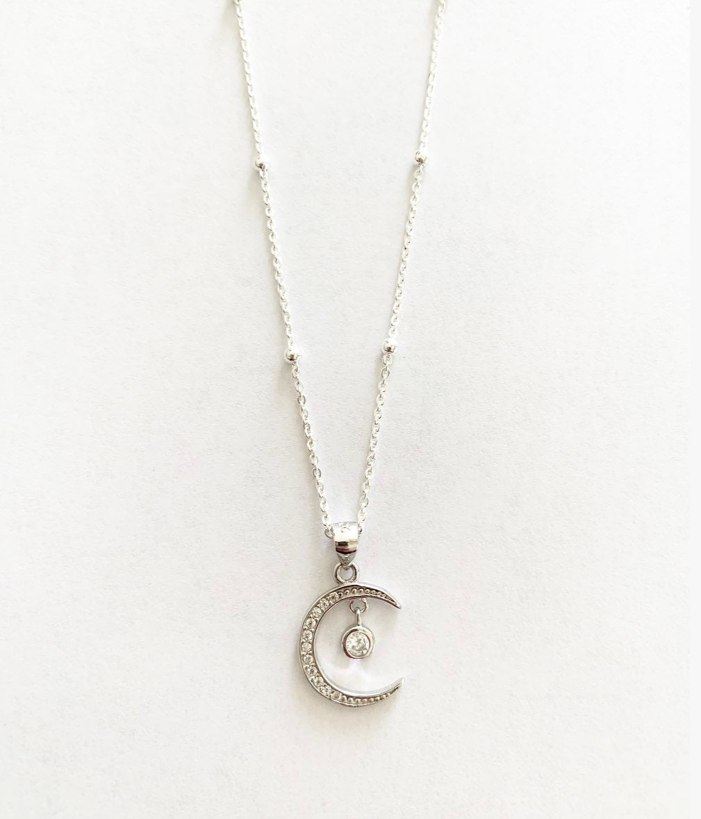 Sterling Silver CZ Crescent Moon Necklace