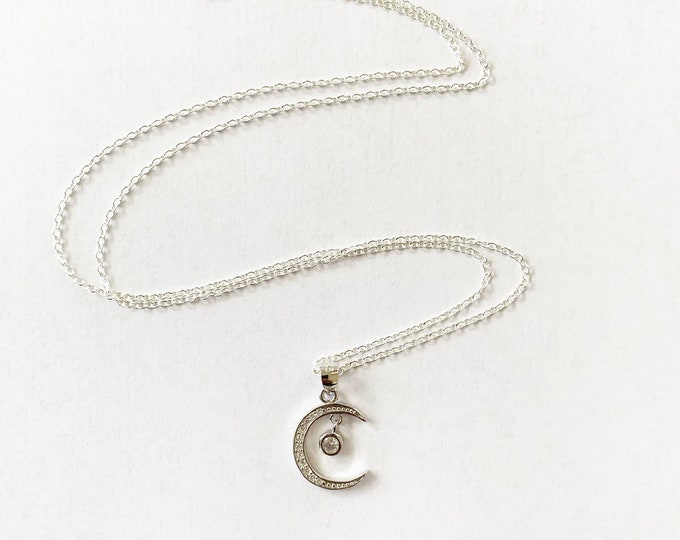 Sterling Silver CZ Crescent Moon Necklace