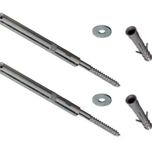 May include: Two silver metal screws with a threaded end and a flat washer. Two gray plastic anchors are also included.