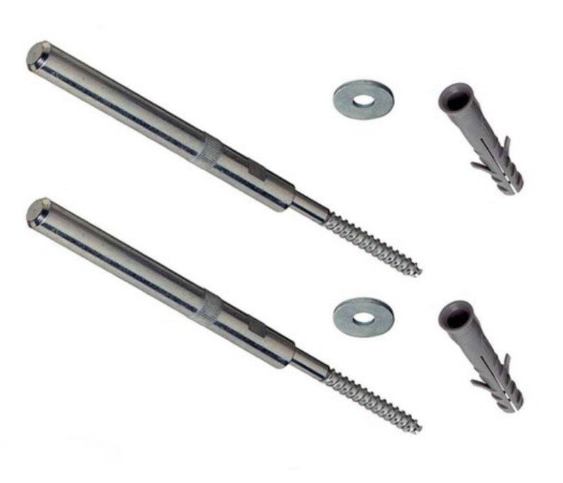 May include: Two silver metal screws with a threaded end and a flat washer. Two gray plastic anchors are also included.