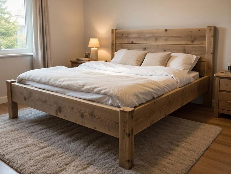 Op de afbeelding: Een lichtbruin houten bedframe met een hoog hoofdeinde bestaande uit horizontale planken. Het bed is opgemaakt met een wit dekbed en twee bijpassende kussens. Het frame is gemaakt van massief hout met zichtbare nerven en noesten.
